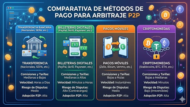 Comparativa de métodos de pago para arbitraje P2P